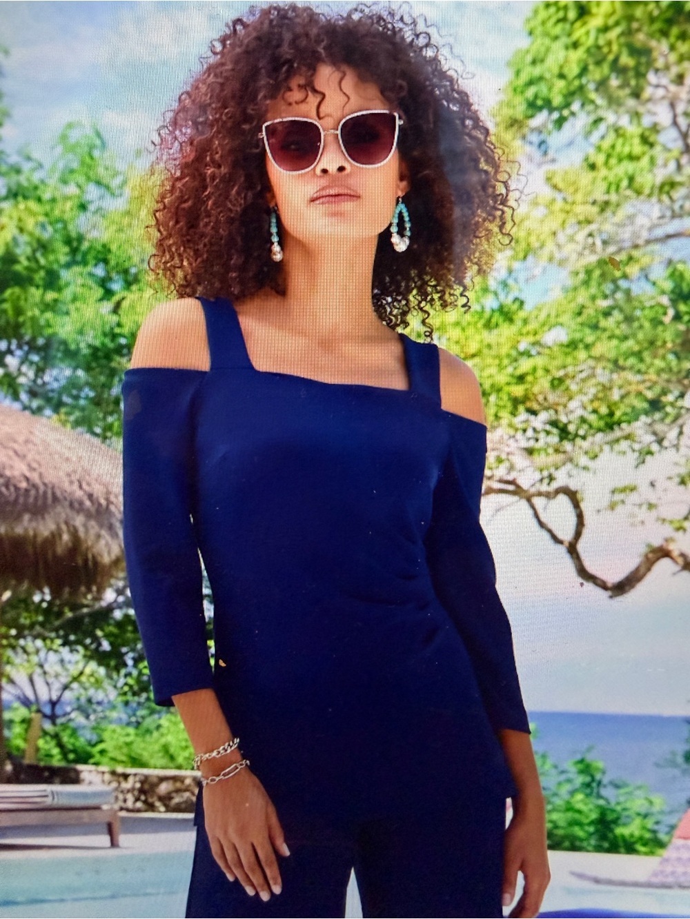 Boston Proper Beyond Travel navy cold shoulder top.  Large.  NWT